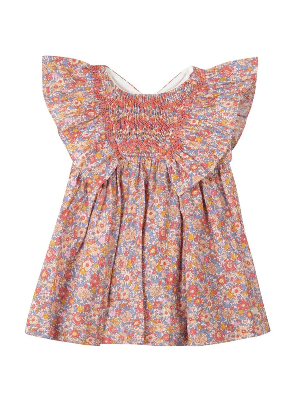 Tartine et Chocolat Floral Smocked Flutter-Sleeve Dress in Pink, Orange, Yellow